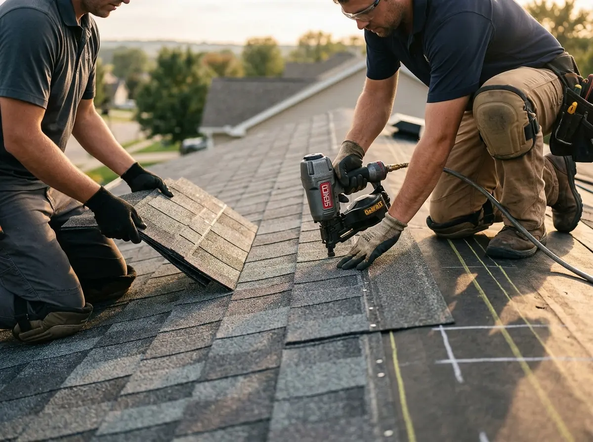 Professional roofer working on a residential roof in Lockport